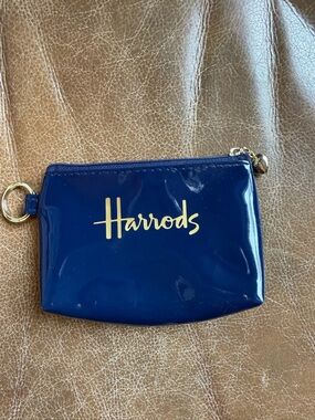 Harrods Patent Coin Pouch in Deep Blue with Gold Logo